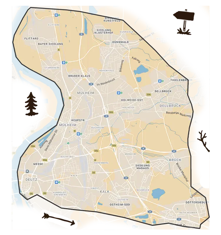 Karte der angefahrenen Kölner Postleitzahlen